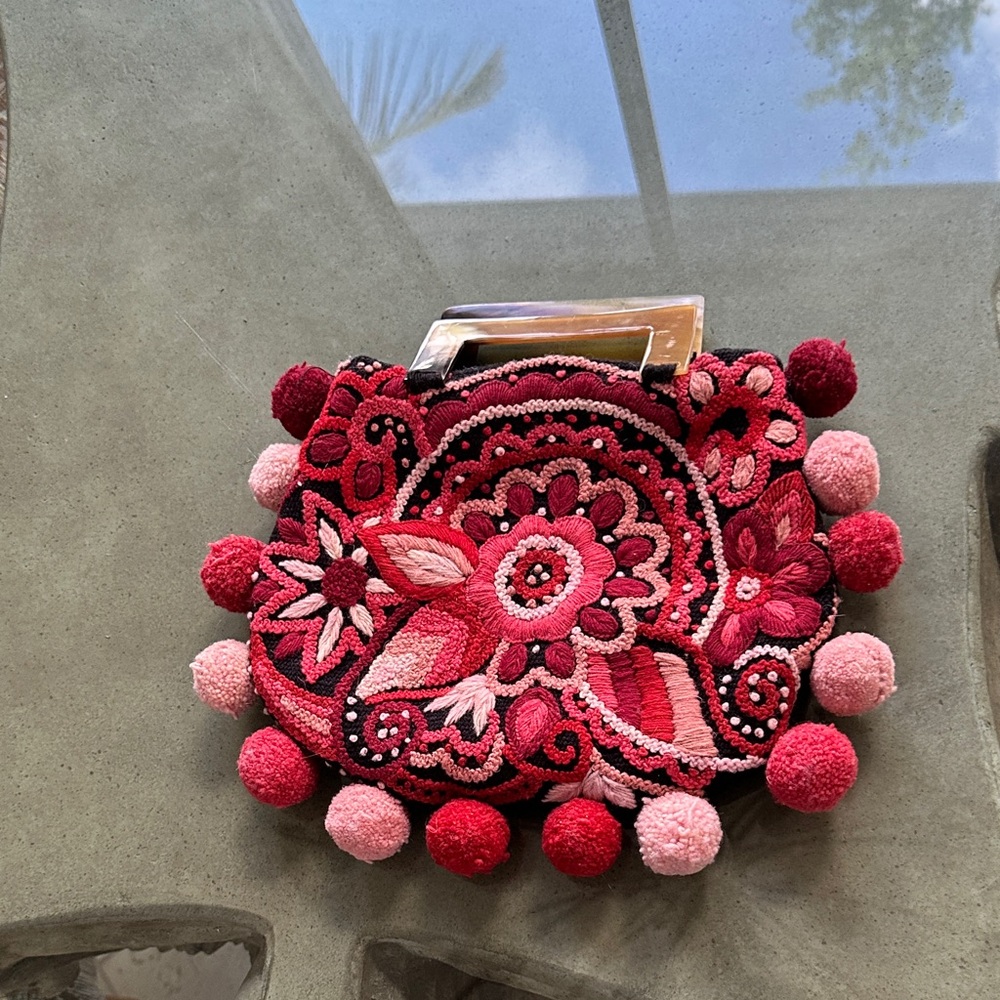 Embroidered Pink & Red Floral Pom-Pom Wristlet Clutch
